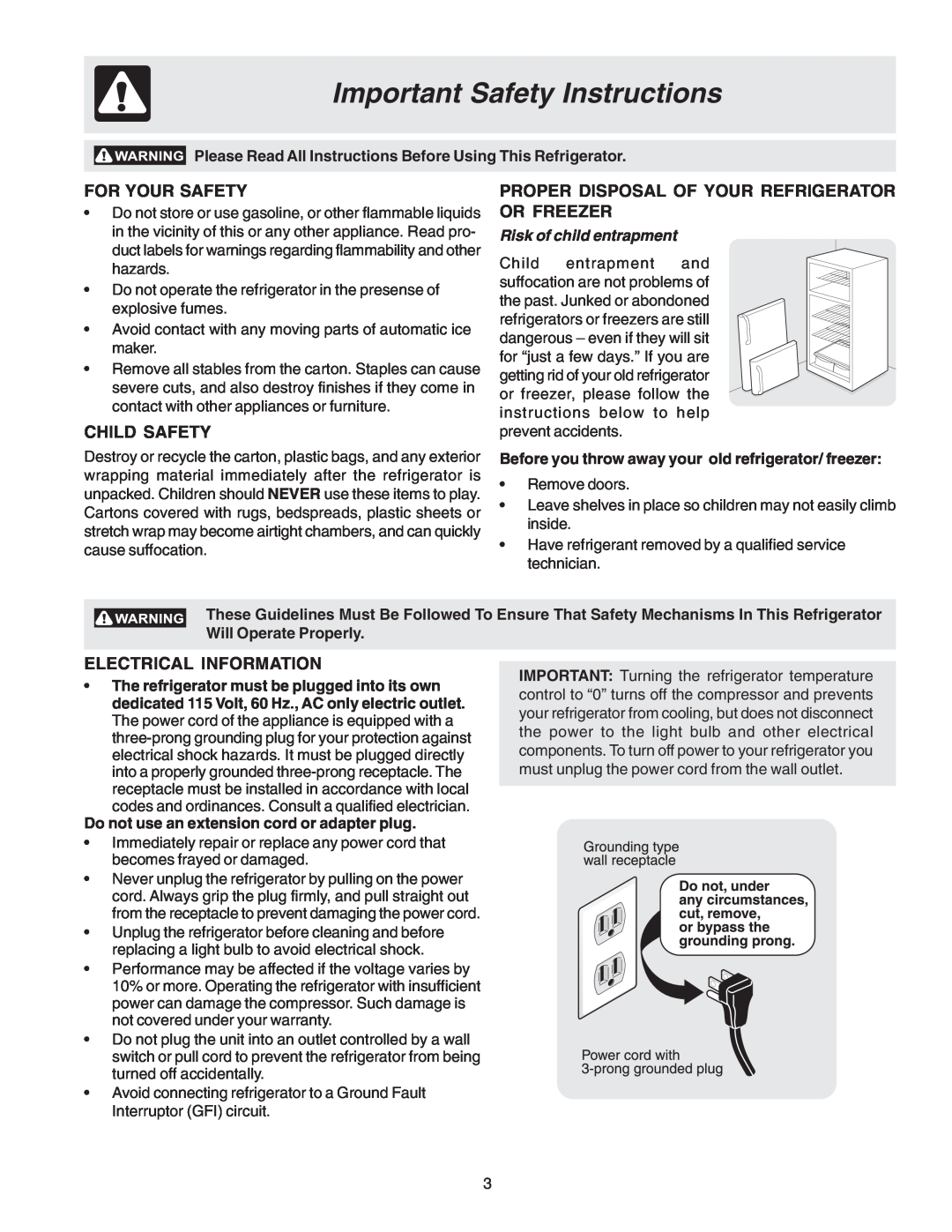 Electrolux - Gibson 240435505 manual Important Safety Instructions, For Your Safety, Child Safety, Electrical Information 