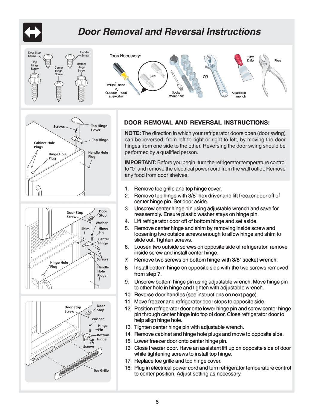 Electrolux - Gibson 240435505 manual Door Removal and Reversal Instructions, Door Removal And Reversal Instructions 