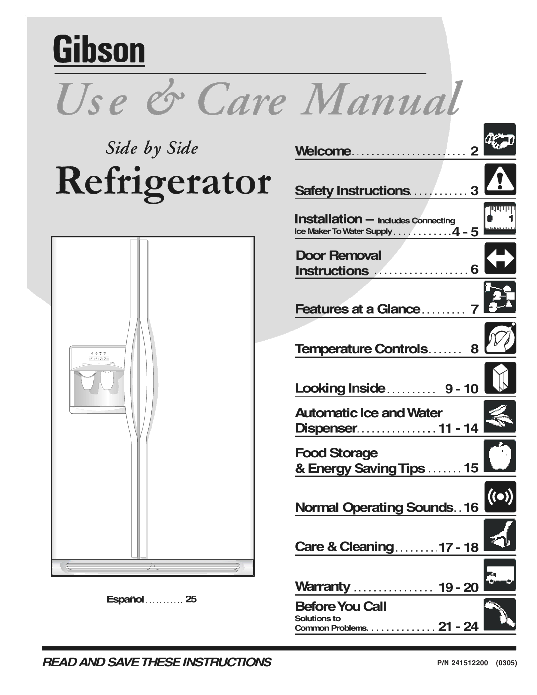 Electrolux - Gibson 241512200 manual Us e & Care Manual 