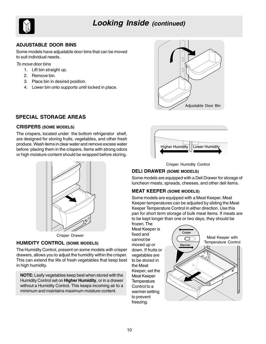 Electrolux - Gibson 241512200 manual Adjustable Door Bins, Humidity Control Some Models 