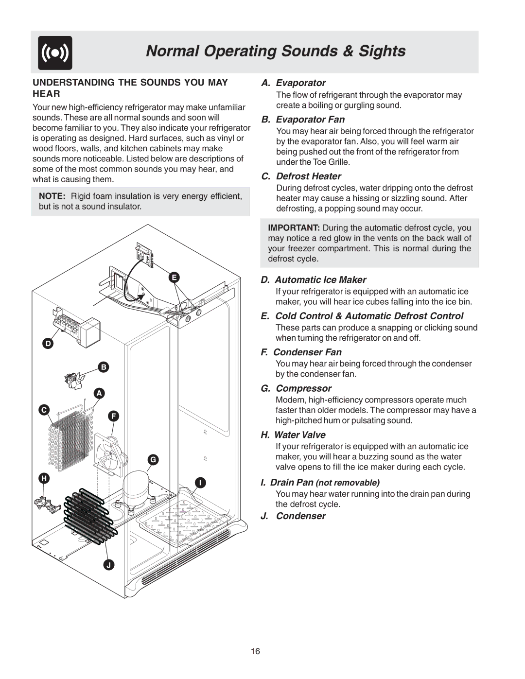 Electrolux - Gibson 241512200 manual Normal Operating Sounds & Sights 