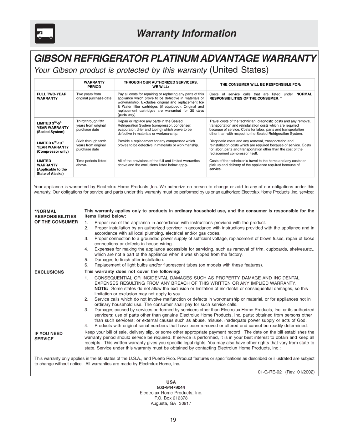 Electrolux - Gibson 241512200 manual Warranty Information, Gibson Refrigerator Platinum Advantage Warranty 