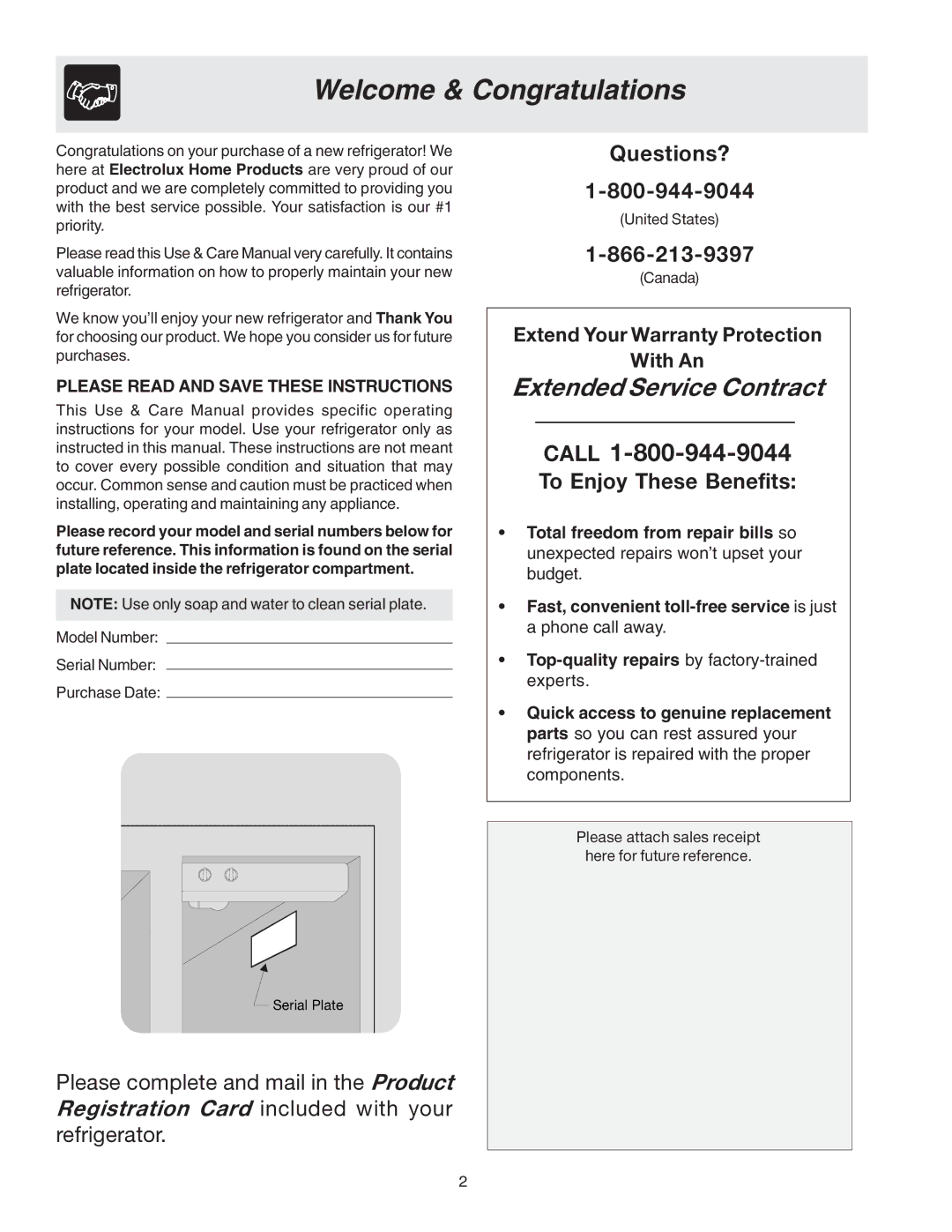 Electrolux - Gibson 241512200 manual Welcome & Congratulations, Please Read and Save These Instructions 