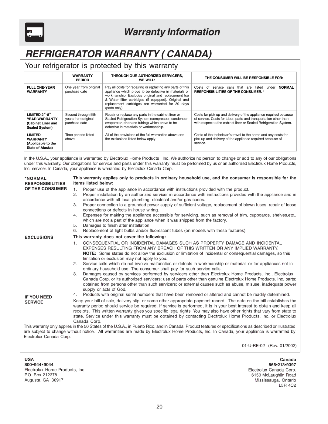 Electrolux - Gibson 241512200 manual Refrigerator Warranty Canada 