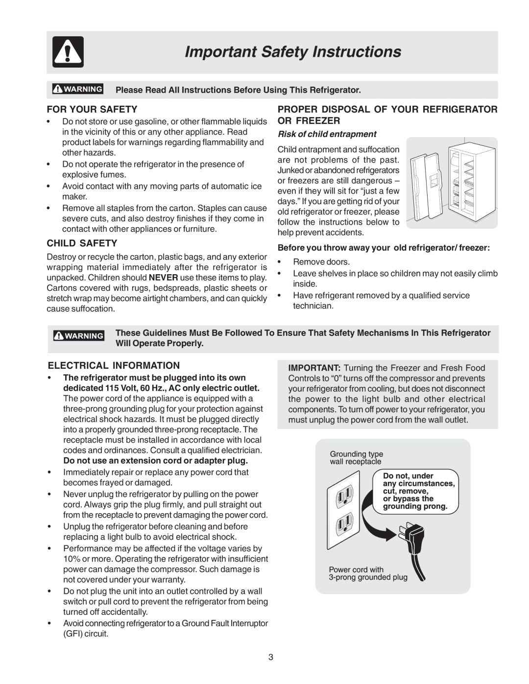 Electrolux - Gibson 241512200 manual Important Safety Instructions, For Your Safety, Child Safety, Electrical Information 