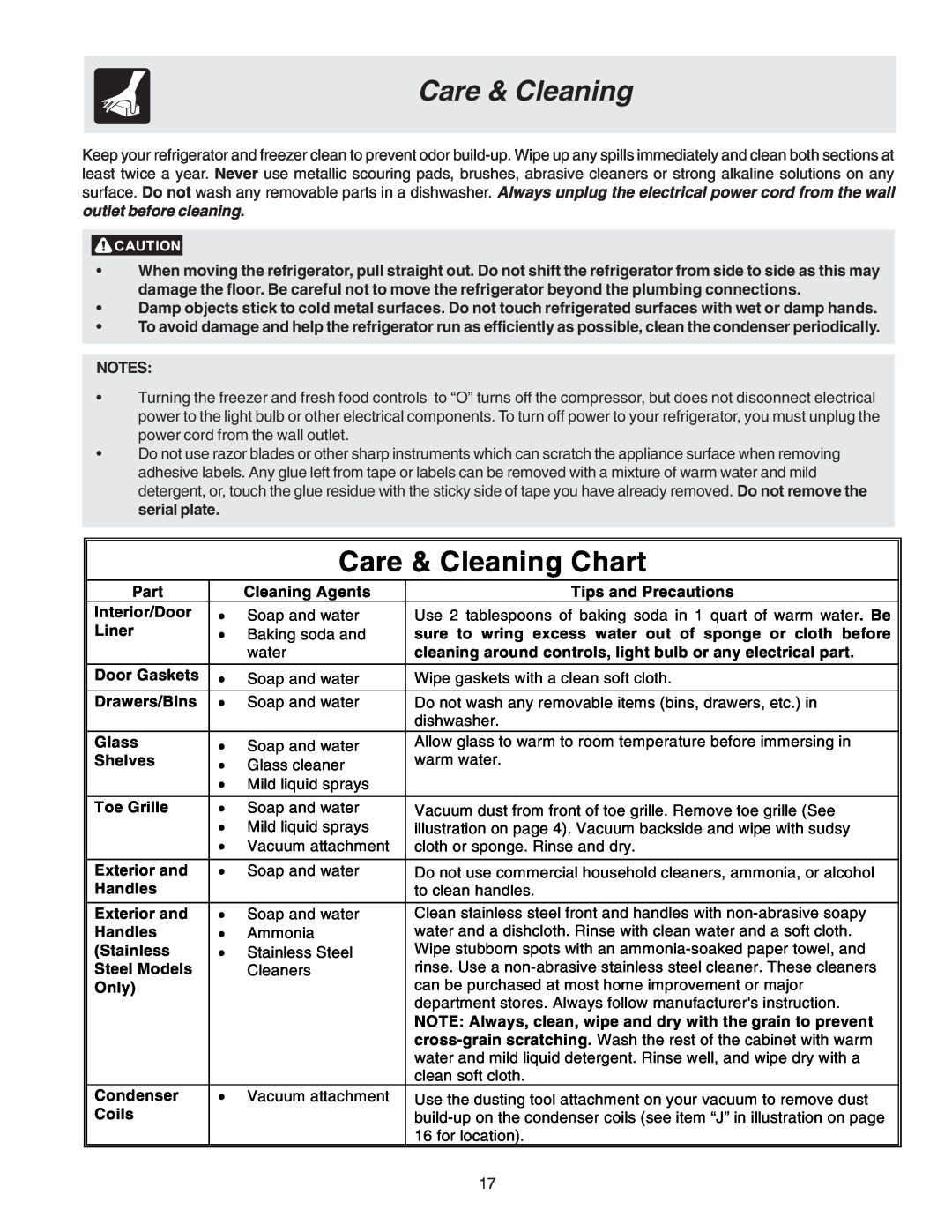 Electrolux - Gibson 241512200 manual Care & Cleaning Chart 