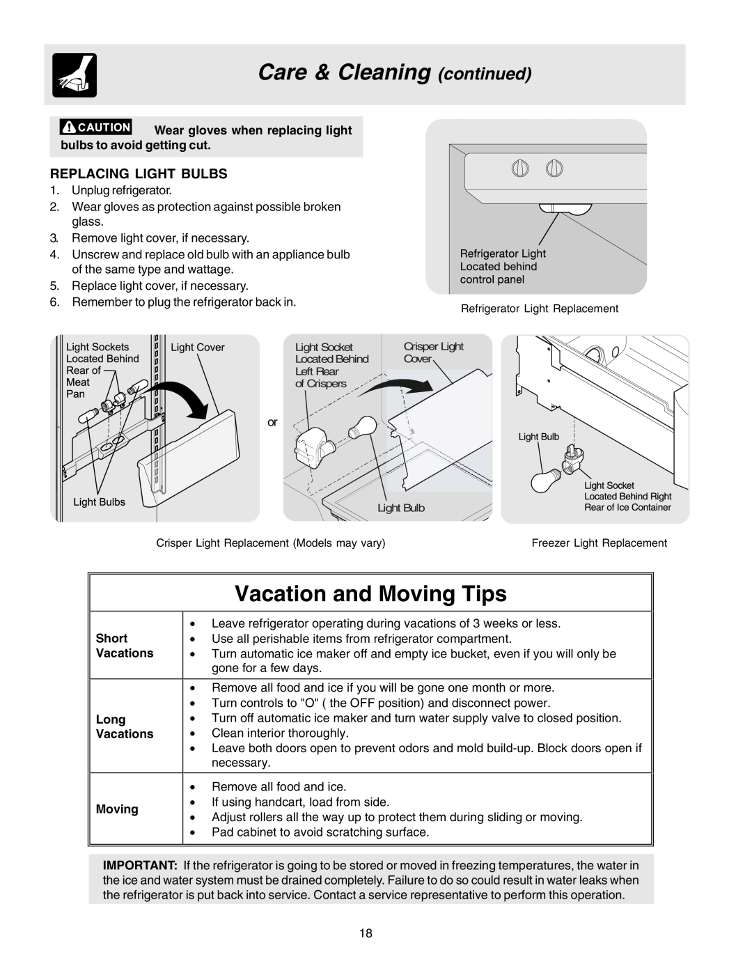 Electrolux - Gibson 241512200 manual Care & Cleaning continued, Vacation and Moving Tips, Replacing Light Bulbs 