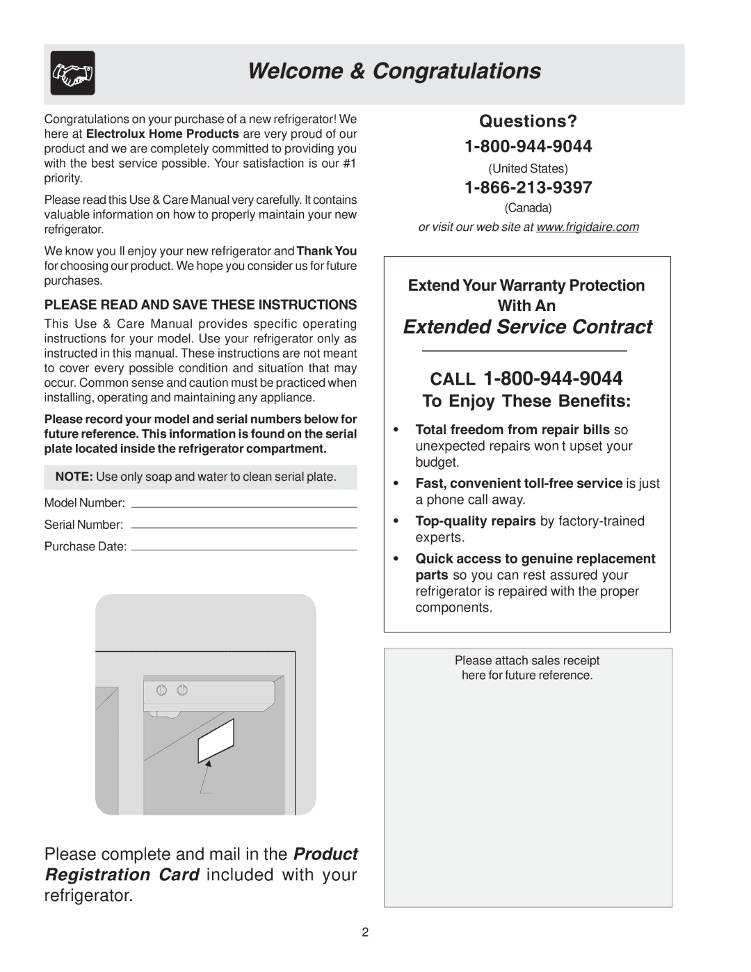 Electrolux - Gibson 241512200A warranty Welcome & Congratulations, Please Read and Save These Instructions 