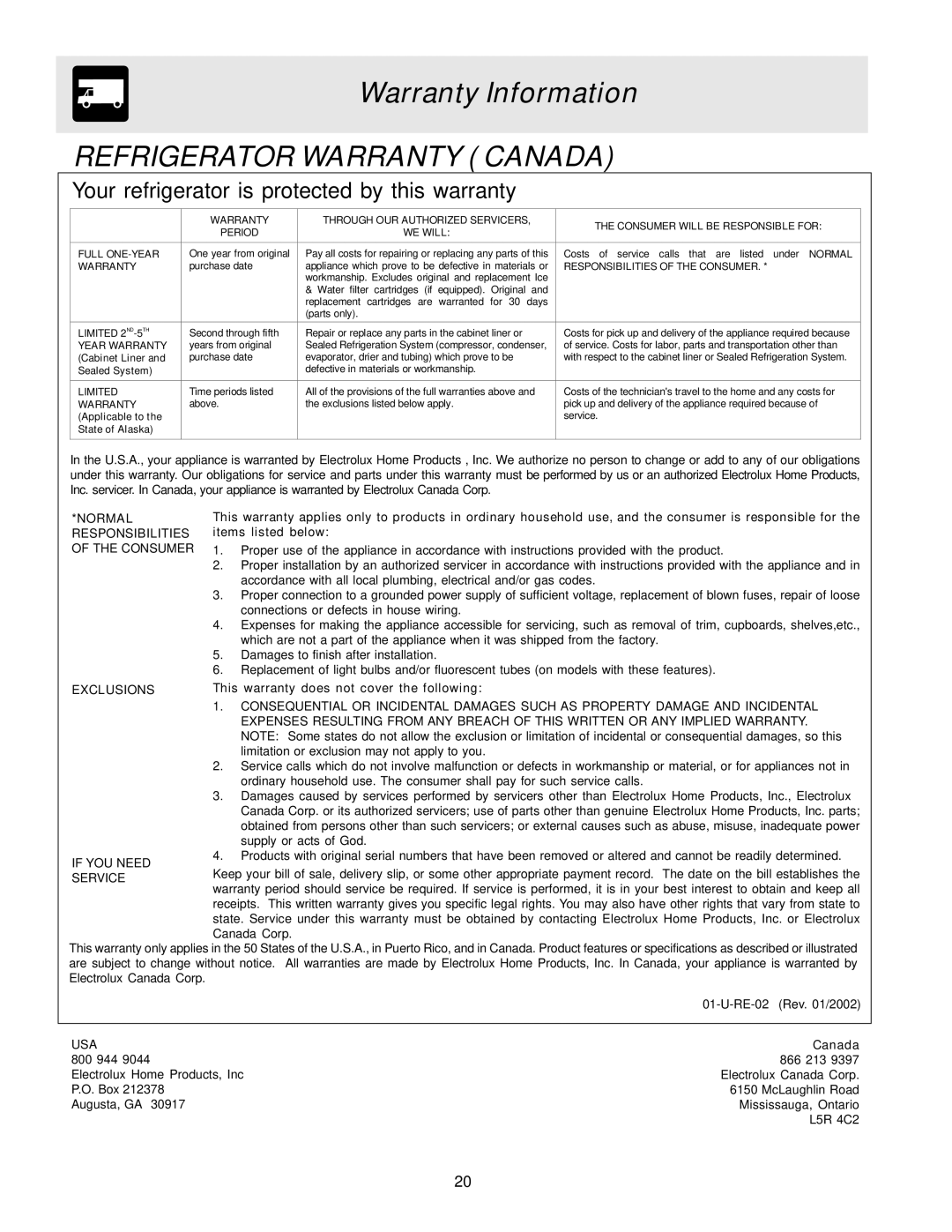 Electrolux - Gibson 241512200A warranty Refrigerator Warranty Canada 