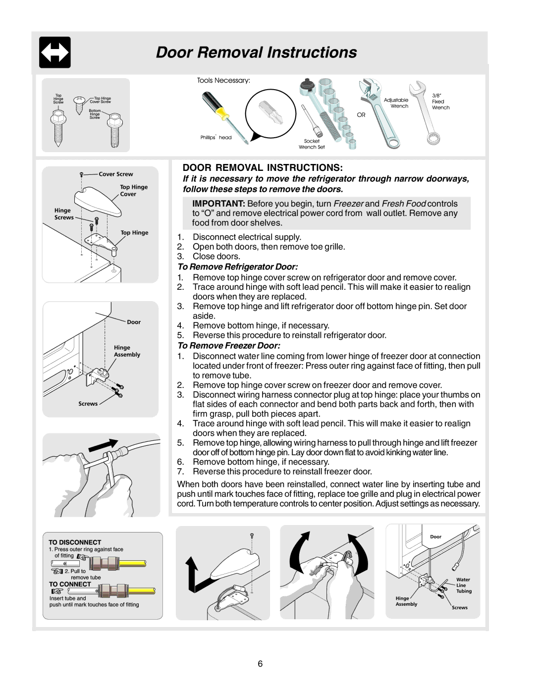 Electrolux - Gibson 241512200A warranty Door Removal Instructions, To Remove Refrigerator Door, To Remove Freezer Door 