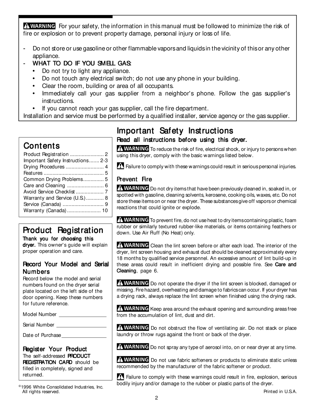 Electrolux - Gibson Stackable Dryer manual Contents, Product Registration, Important Safety Instructions 