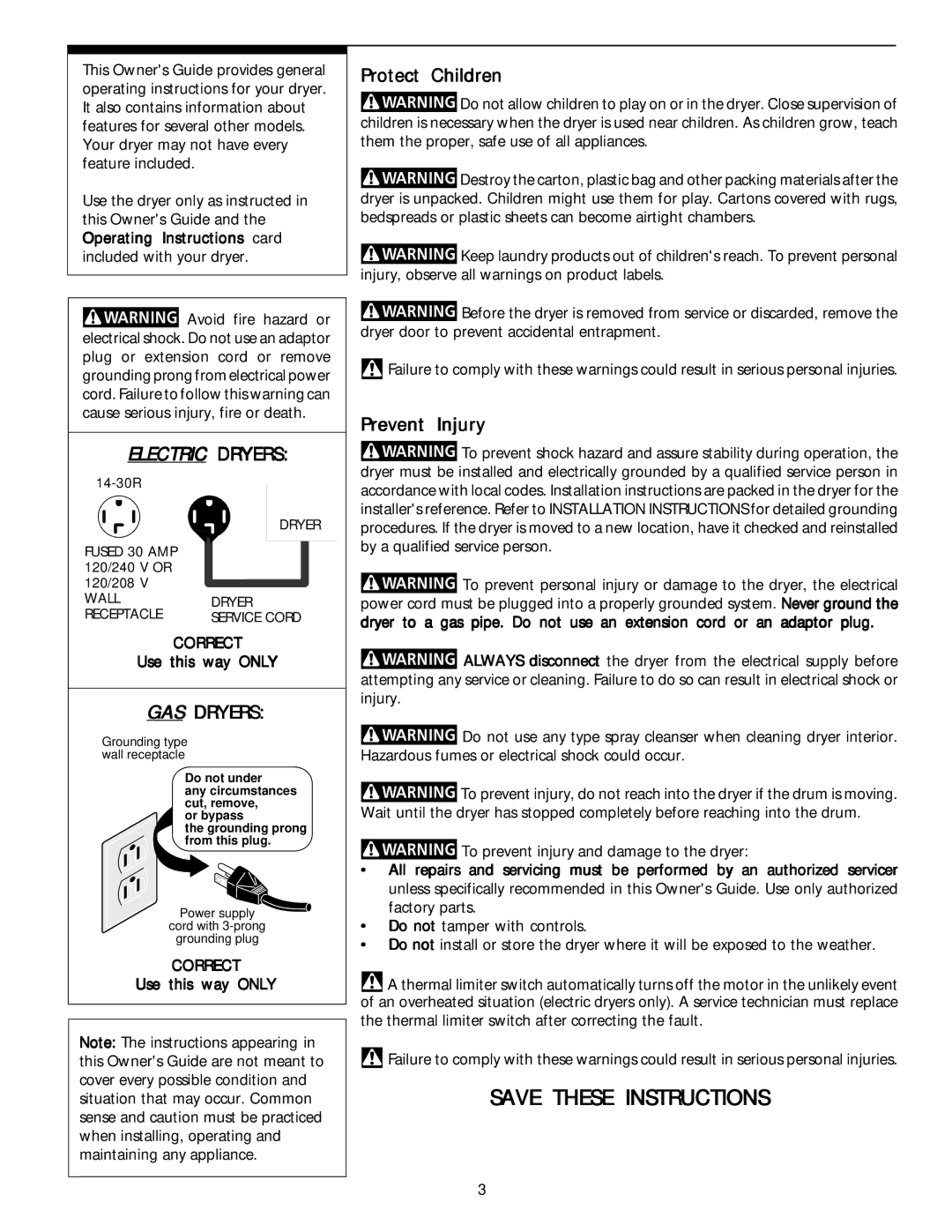 Electrolux - Gibson Stackable Dryer manual GAS Dryers, Protect Children, Prevent Injury, Correct 