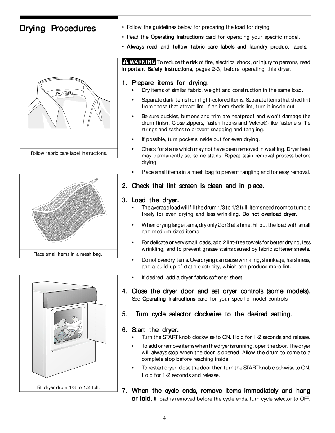 Electrolux - Gibson Stackable Dryer manual Drying Procedures, Prepare items for drying 