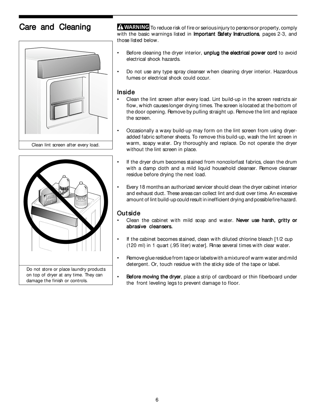 Electrolux - Gibson Stackable Dryer manual Care and Cleaning, Inside, Outside 