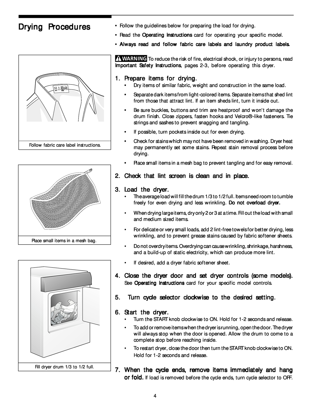Electrolux - Gibson Stackable Dryer manual Drying Procedures, Prepare items for drying, Start the dryer 