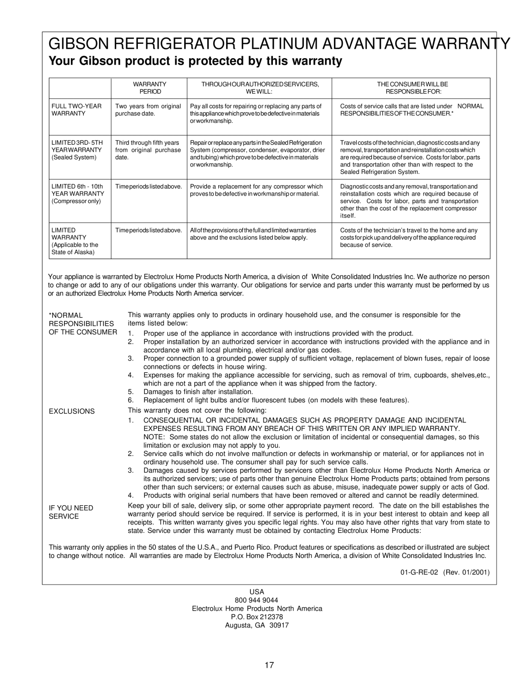 Electrolux - Gibson Top Freezer Frost Clear Refrigerator manual Gibson Refrigerator Platinum Advantage Warranty 