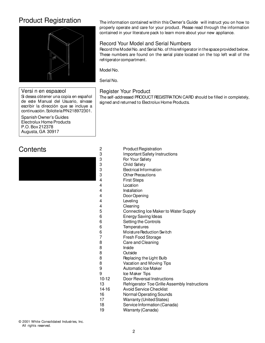 Electrolux - Gibson Top Freezer Frost Clear Refrigerator manual Product Registration, Contents 