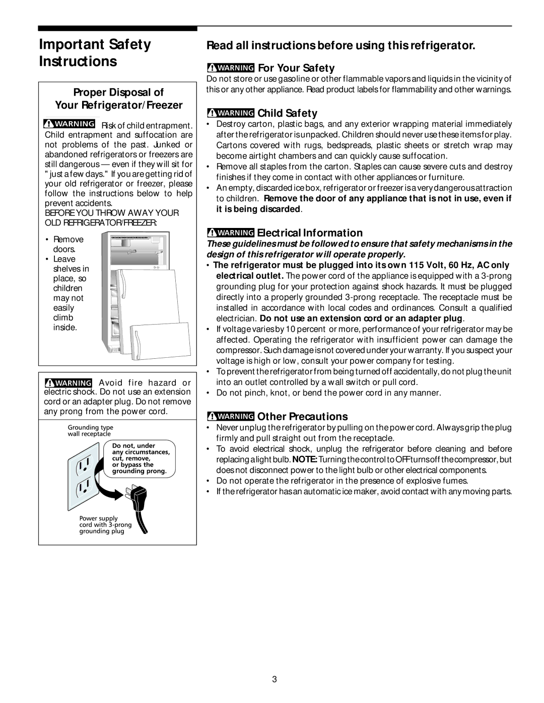 Electrolux - Gibson Top Freezer Frost Clear Refrigerator manual Important Safety Instructions 