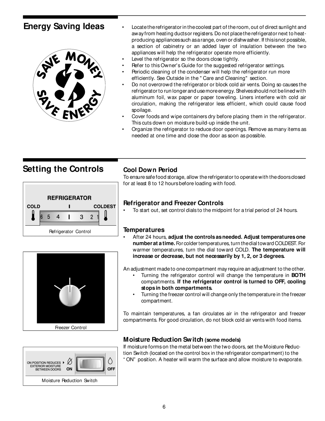 Electrolux - Gibson Top Freezer Frost Clear Refrigerator manual Energy Saving Ideas, Setting the Controls 