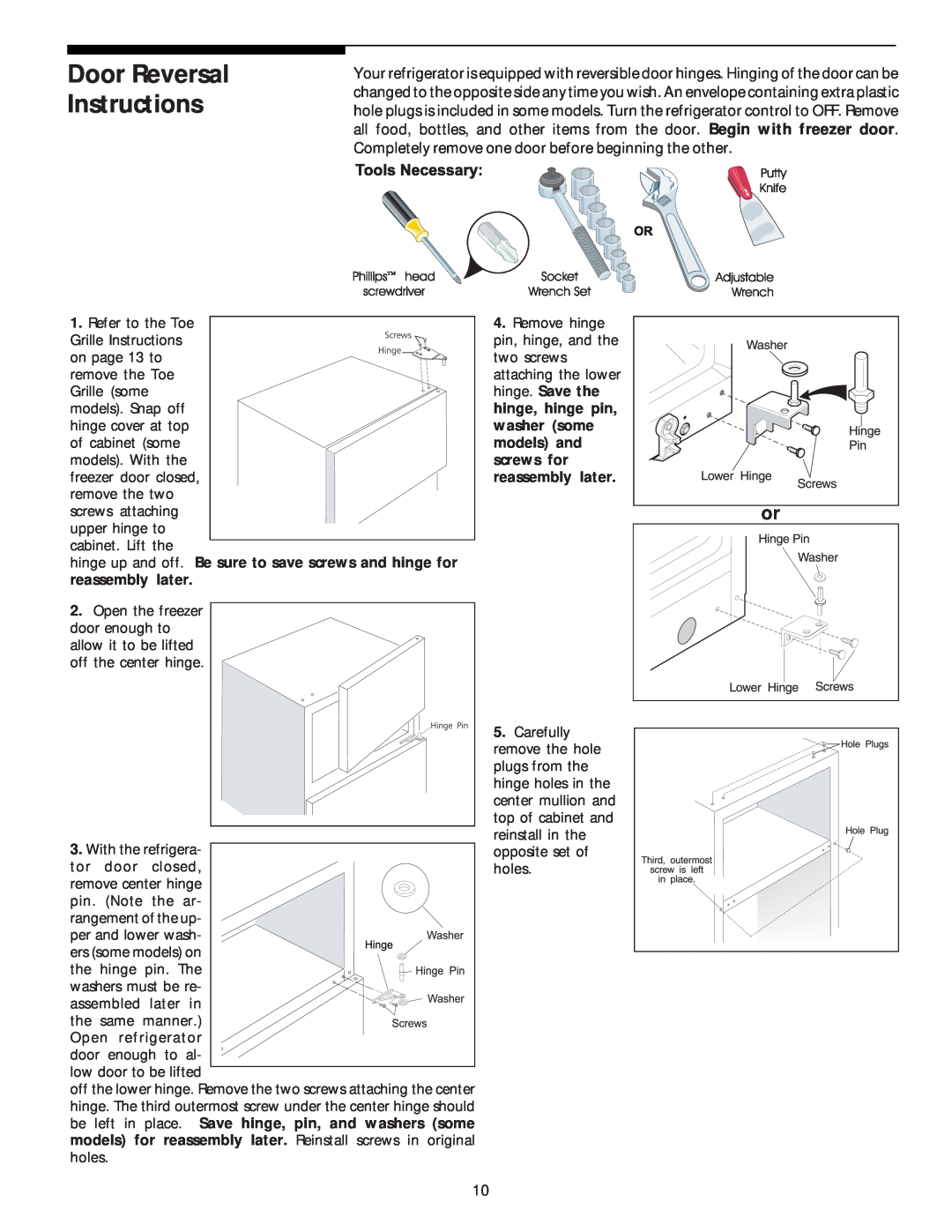 Electrolux - Gibson Top Freezer Frost Clear Refrigerator Door Reversal Instructions, hinge. Save the, hinge, hinge pin 