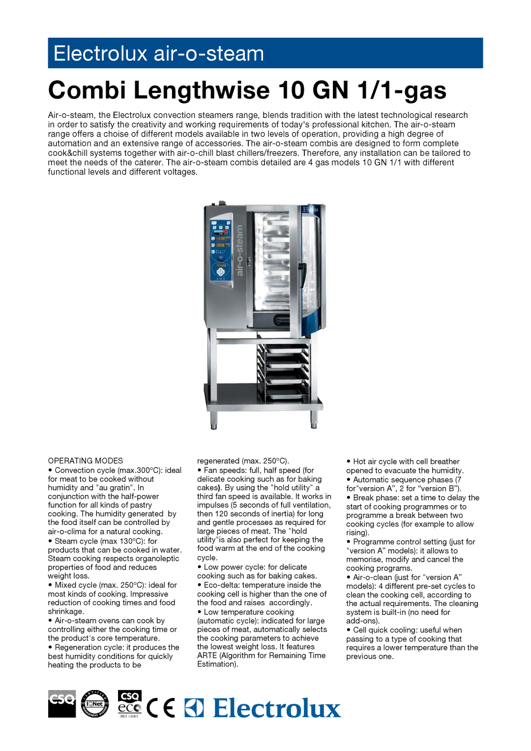 Electrolux 10 GN 1/1-GAS manual Combi Lengthwise 10 GN 1/1-gas, Operating Modes 