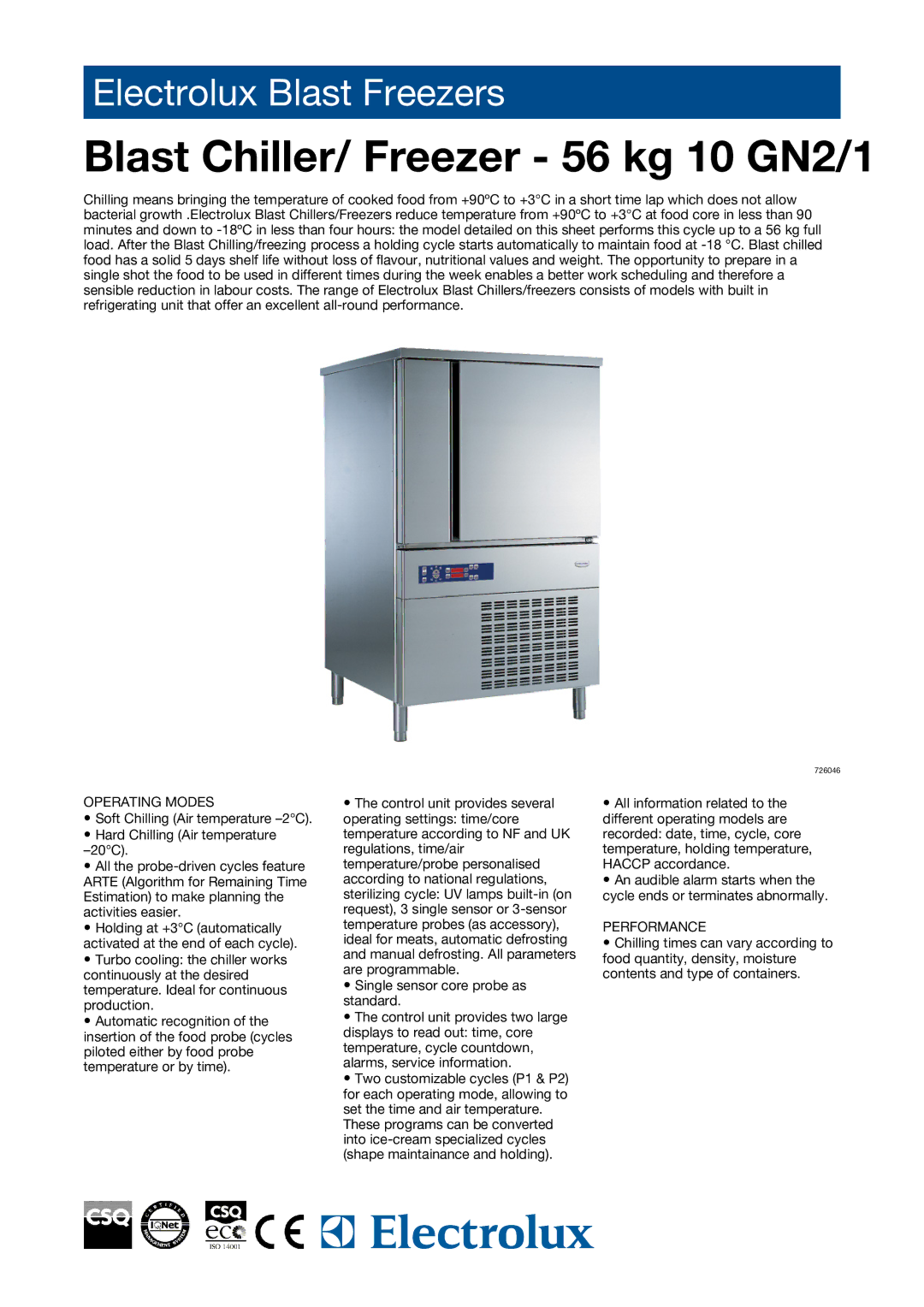 Electrolux manual Blast Chiller/ Freezer 56 kg 10 GN2/1, Operating Modes, Performance 