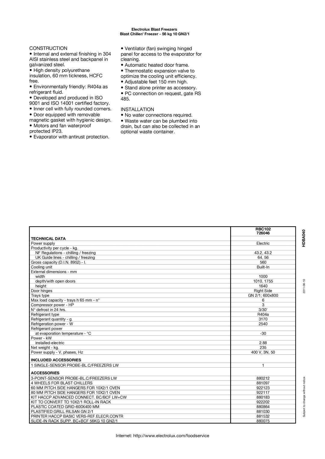 Electrolux 10 GN2/1 manual Construction, Installation, Technical Data, Included Accessories 