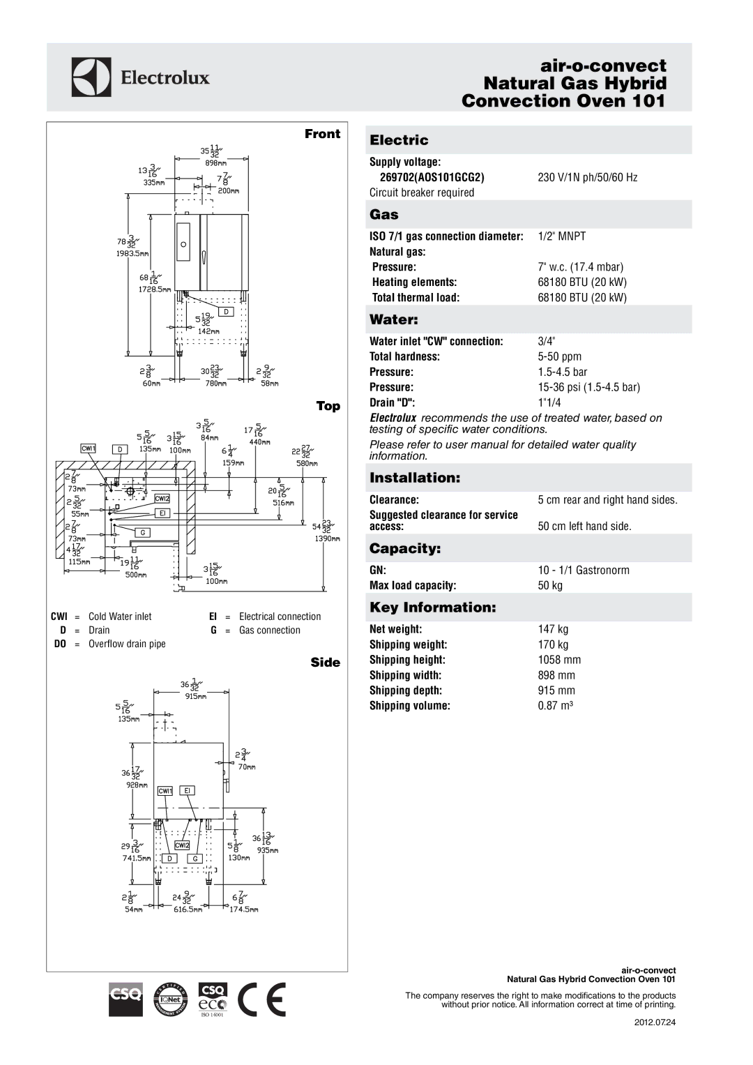 Electrolux 101 manual Electric, Gas, Water, Installation, Capacity, Key Information 