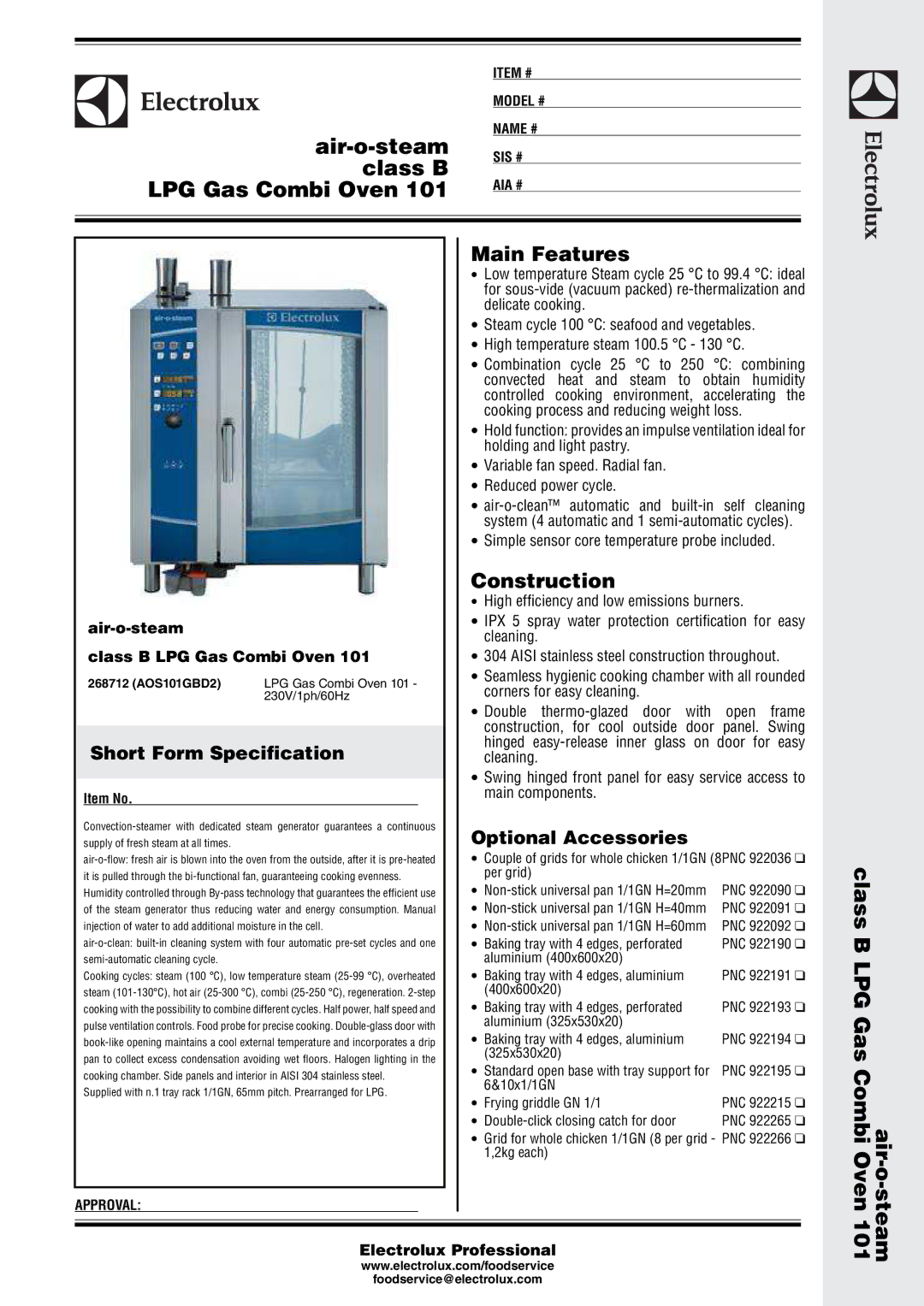 Electrolux 101 manual Class B, Air-o-steam class B LPG Gas Combi Oven 