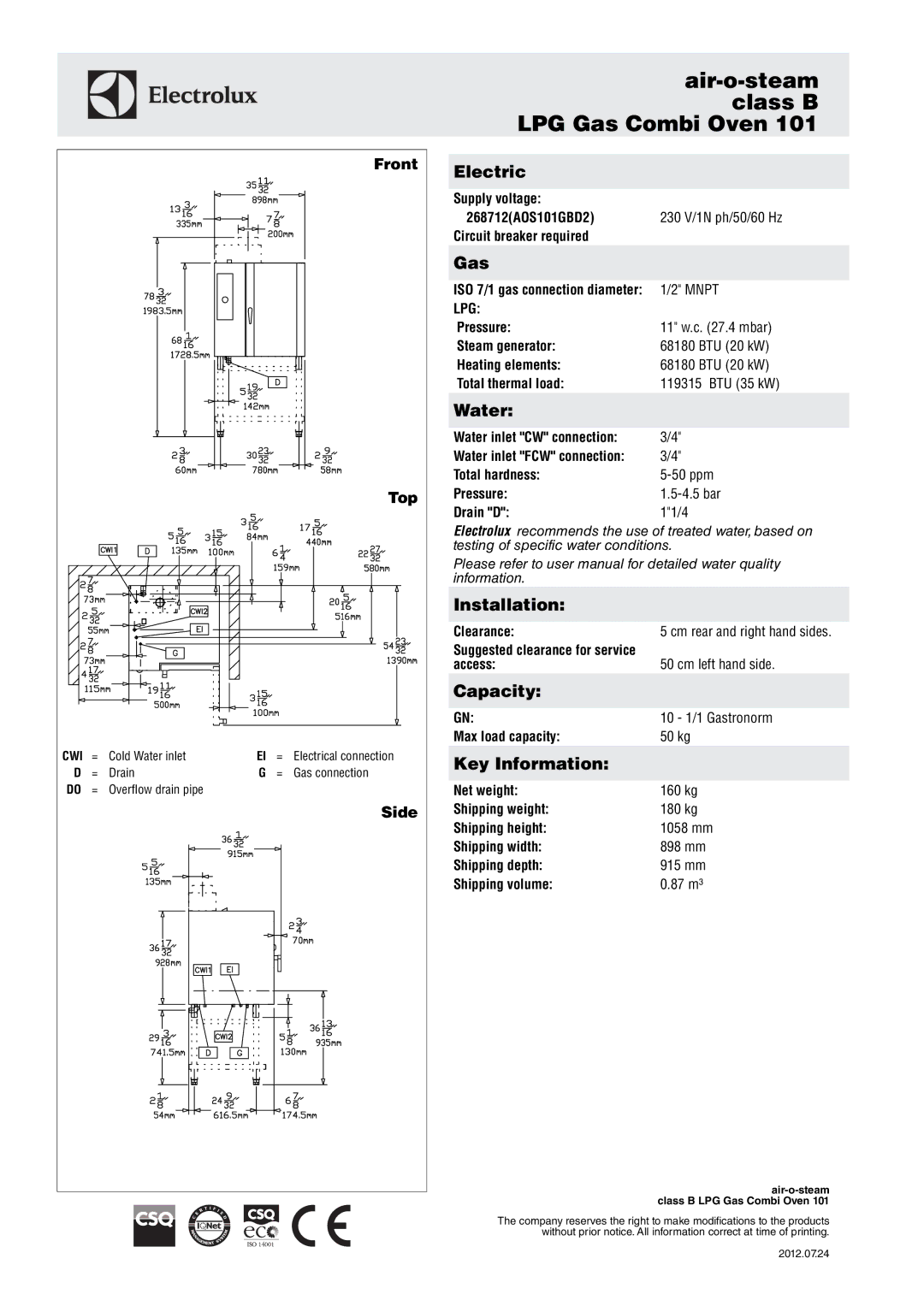 Electrolux 101 manual Electric, Gas, Water, Installation, Capacity, Key Information 