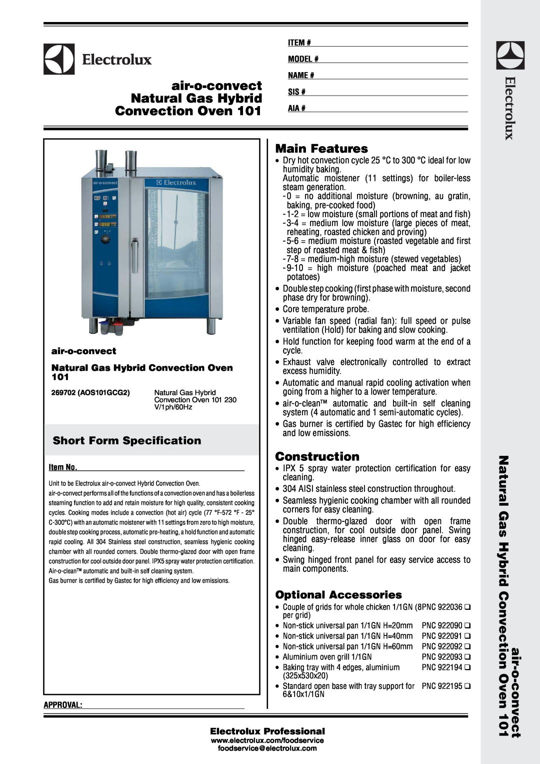 Electrolux 101 manual air-o-convect Natural Gas Hybrid Convection Oven, Short Form Specification, Construction 
