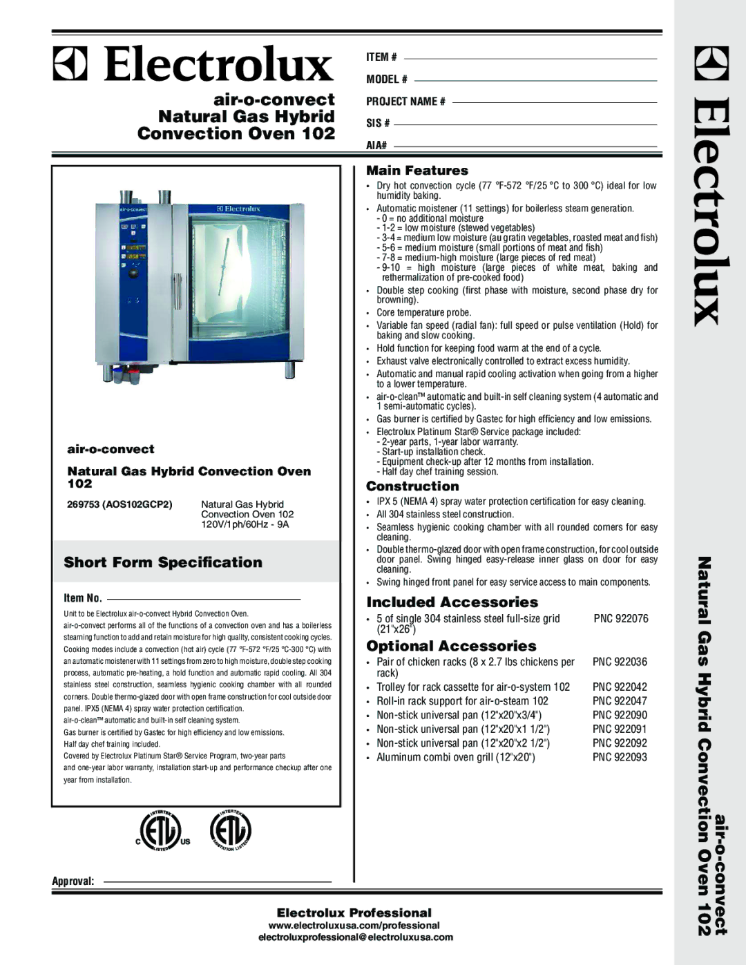 Electrolux 102 warranty Short Form Speciﬁcation, Included Accessories, Optional Accessories 