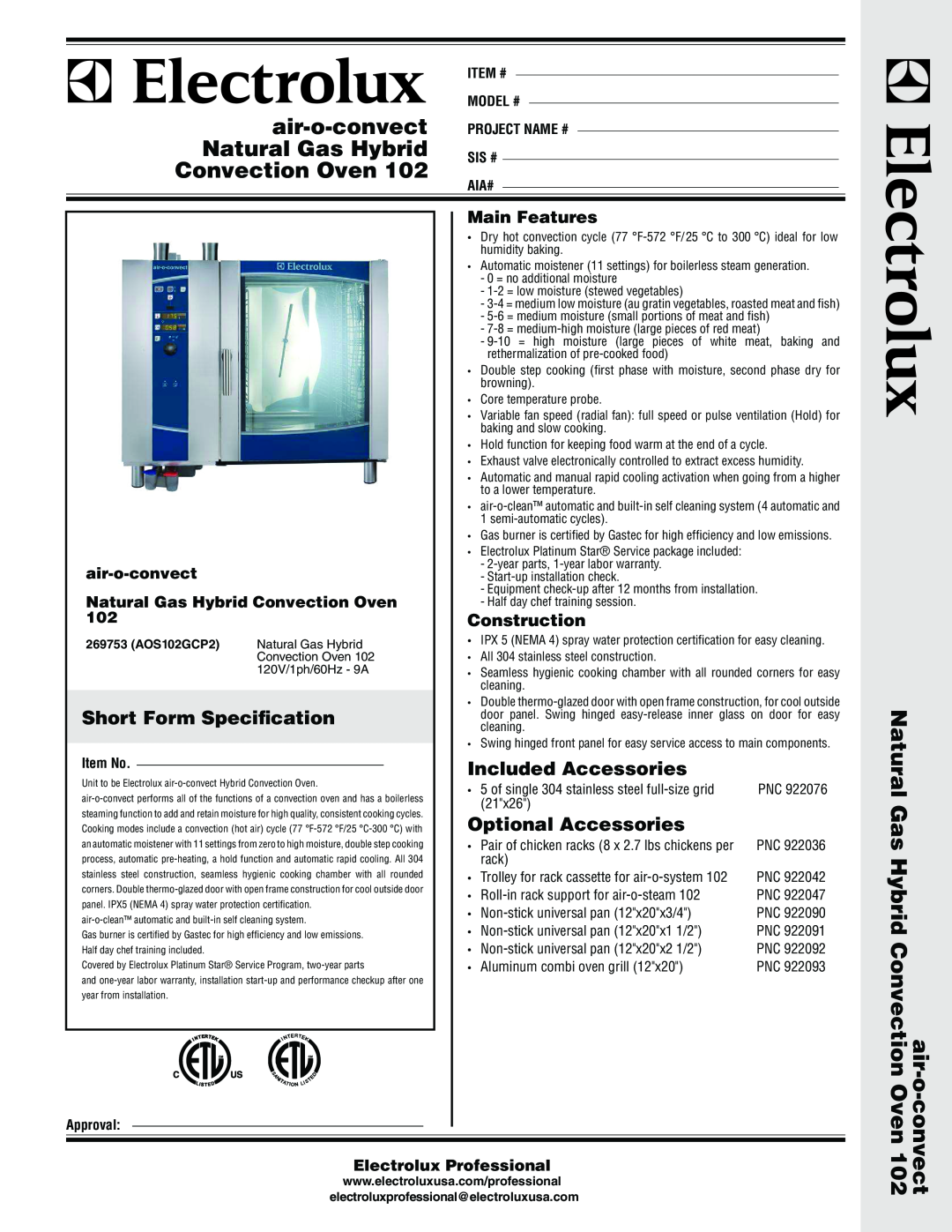 Electrolux 102 warranty Short Form Speciﬁcation, Included Accessories, Optional Accessories, air-o-convect, Main Features 