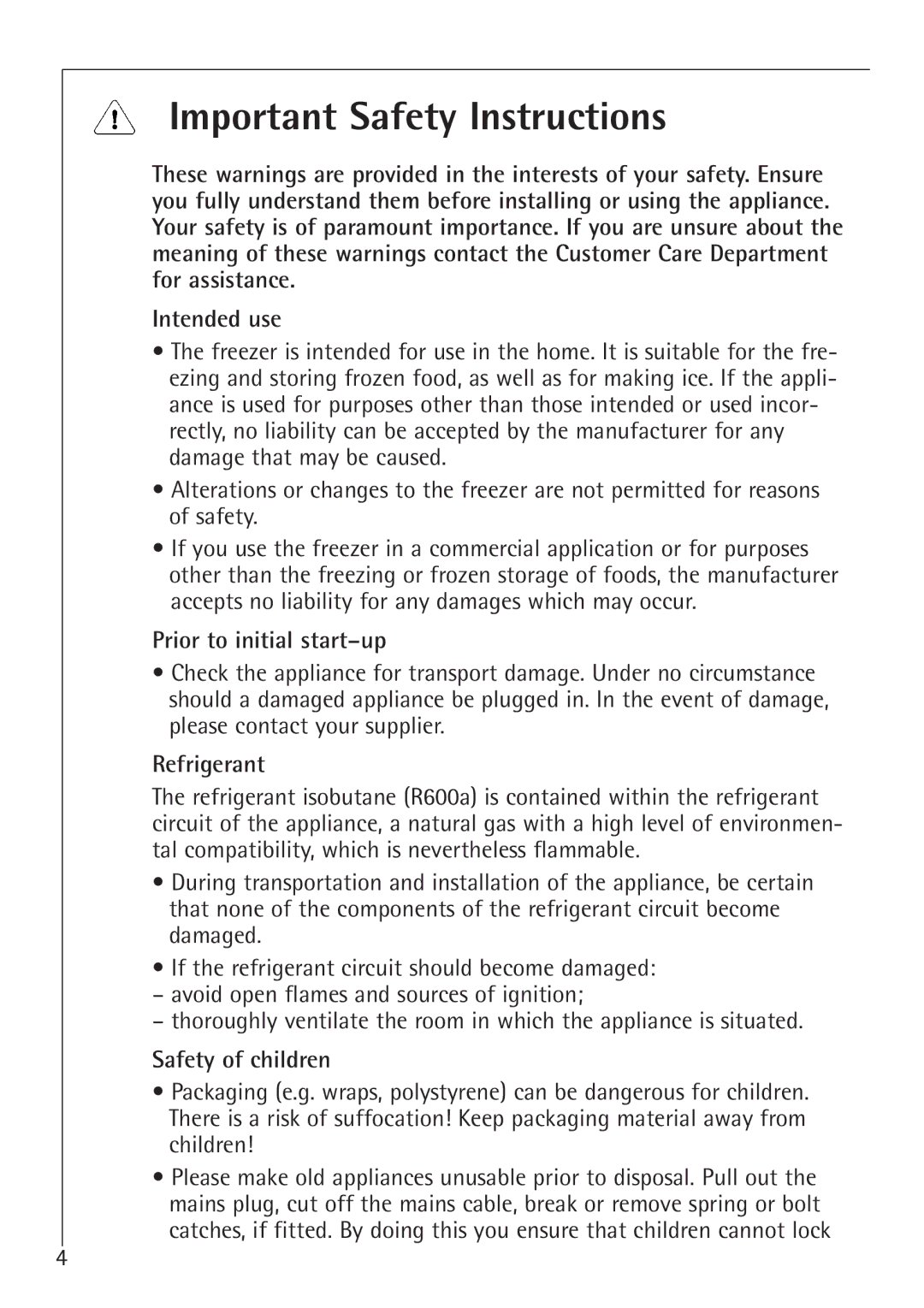 Electrolux 1050-4 GS Important Safety Instructions, Prior to initial start-up, Refrigerant, Safety of children 