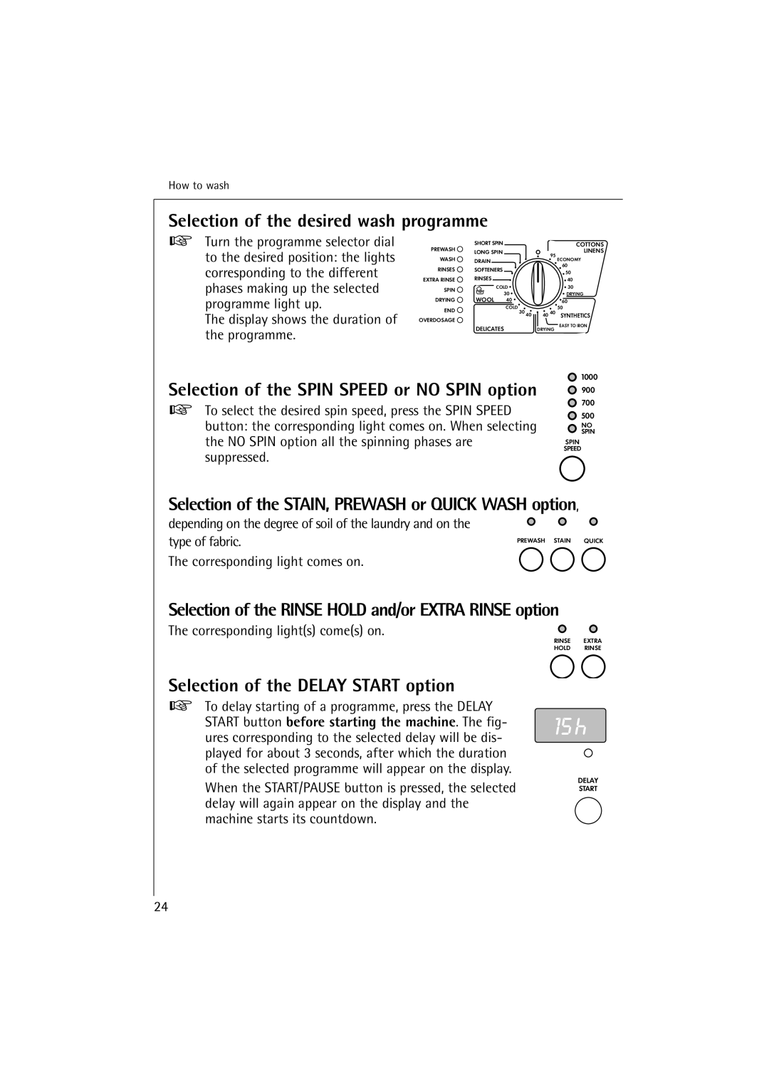 Electrolux 10500 VI manual Selection of the desired wash programme, Selection of the Delay Start option 