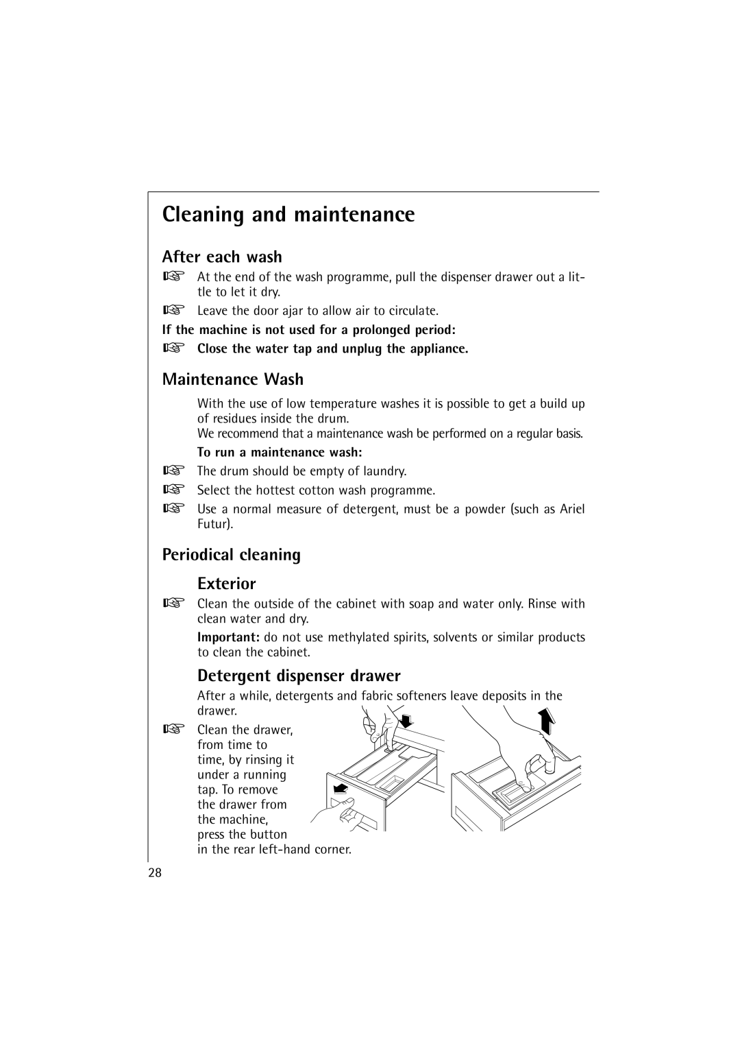 Electrolux 10500 VI manual Cleaning and maintenance, After each wash, Maintenance Wash, Periodical cleaning Exterior 