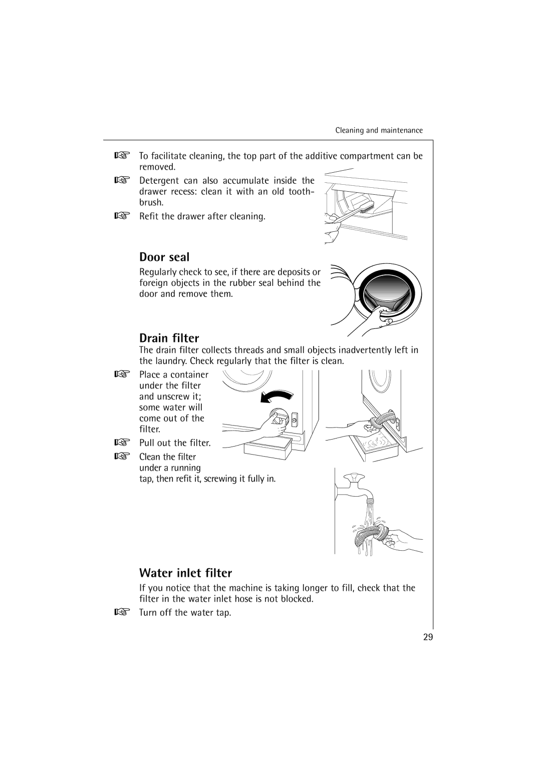 Electrolux 10500 VI manual Door seal, Drain filter, Water inlet filter, Pull out the filter 