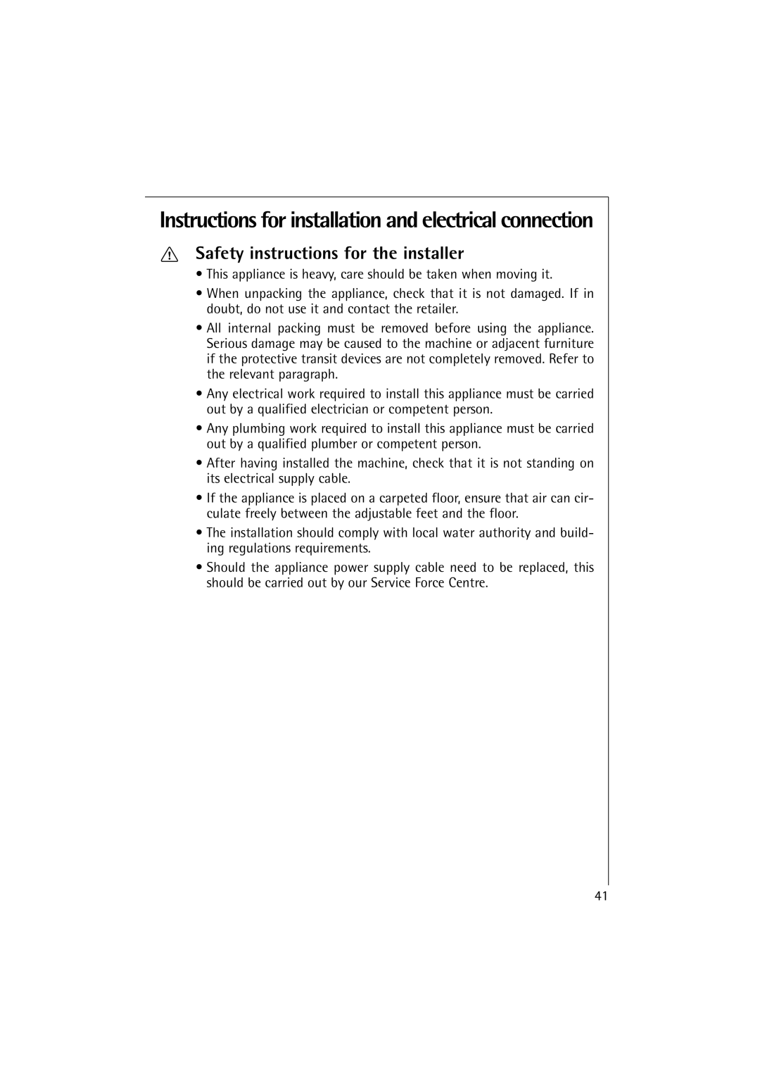 Electrolux 10500 VI manual Instructions for installation and electrical connection, Safety instructions for the installer 