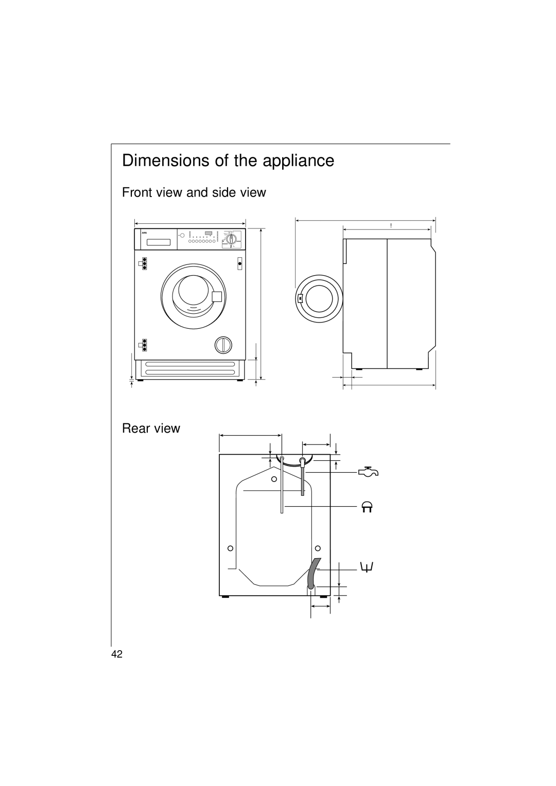 Electrolux 10500 VI manual Dimensions of the appliance, Front view and side view, Rear view 