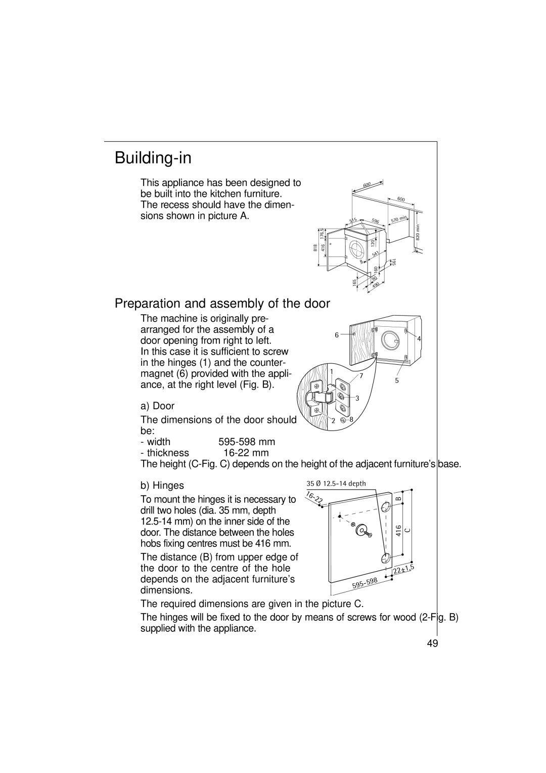 Electrolux 10500 VI manual Building-in, Preparation and assembly of the door, Door, Hinges 