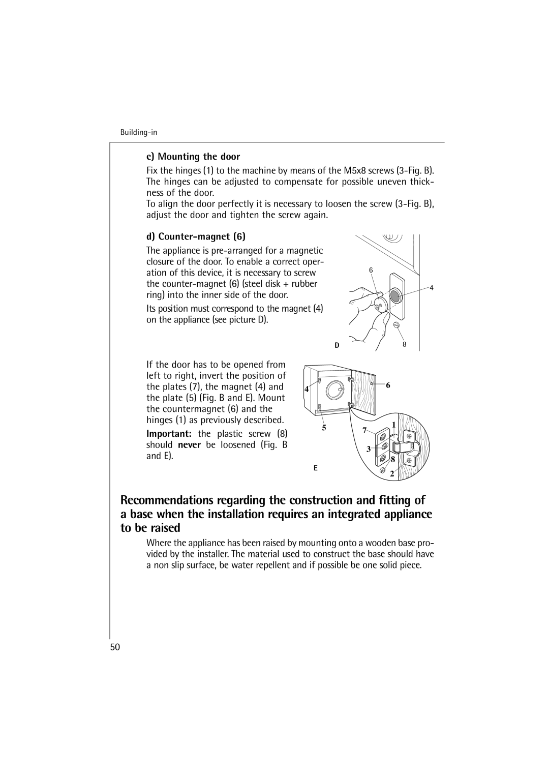 Electrolux 10500 VI manual Mounting the door, Counter-magnet 