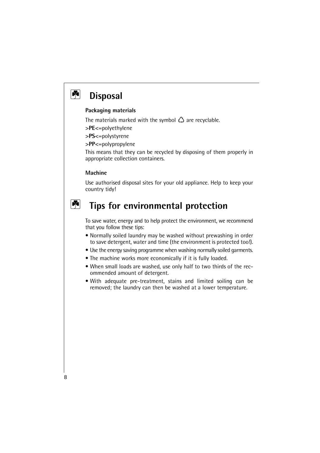 Electrolux 10500 VI manual Disposal, Tips for environmental protection, Packaging materials, Machine 