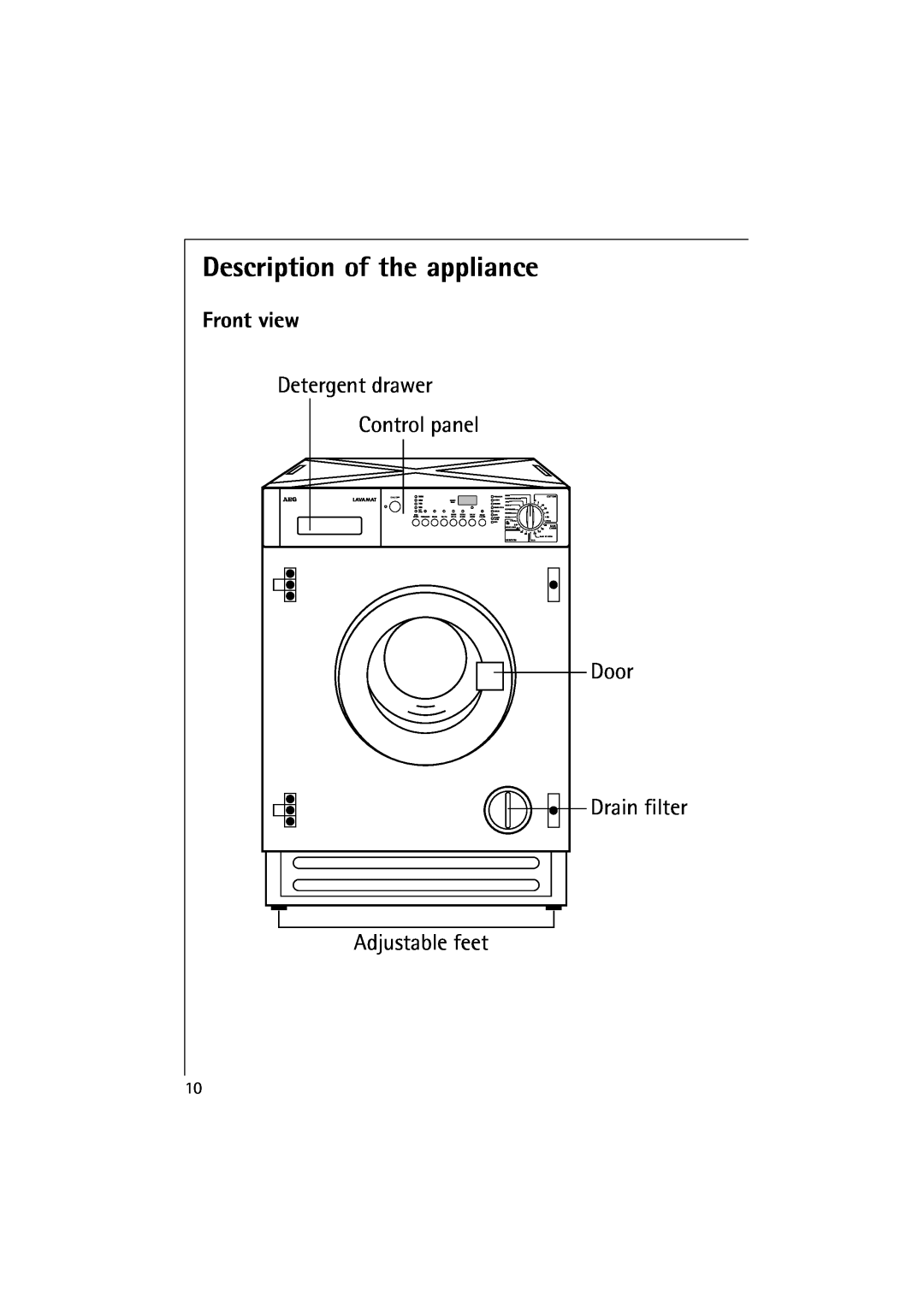 Electrolux 10500 VI manual Description of the appliance, Front view, Detergent drawer Control panel, Door, Adjustable feet 
