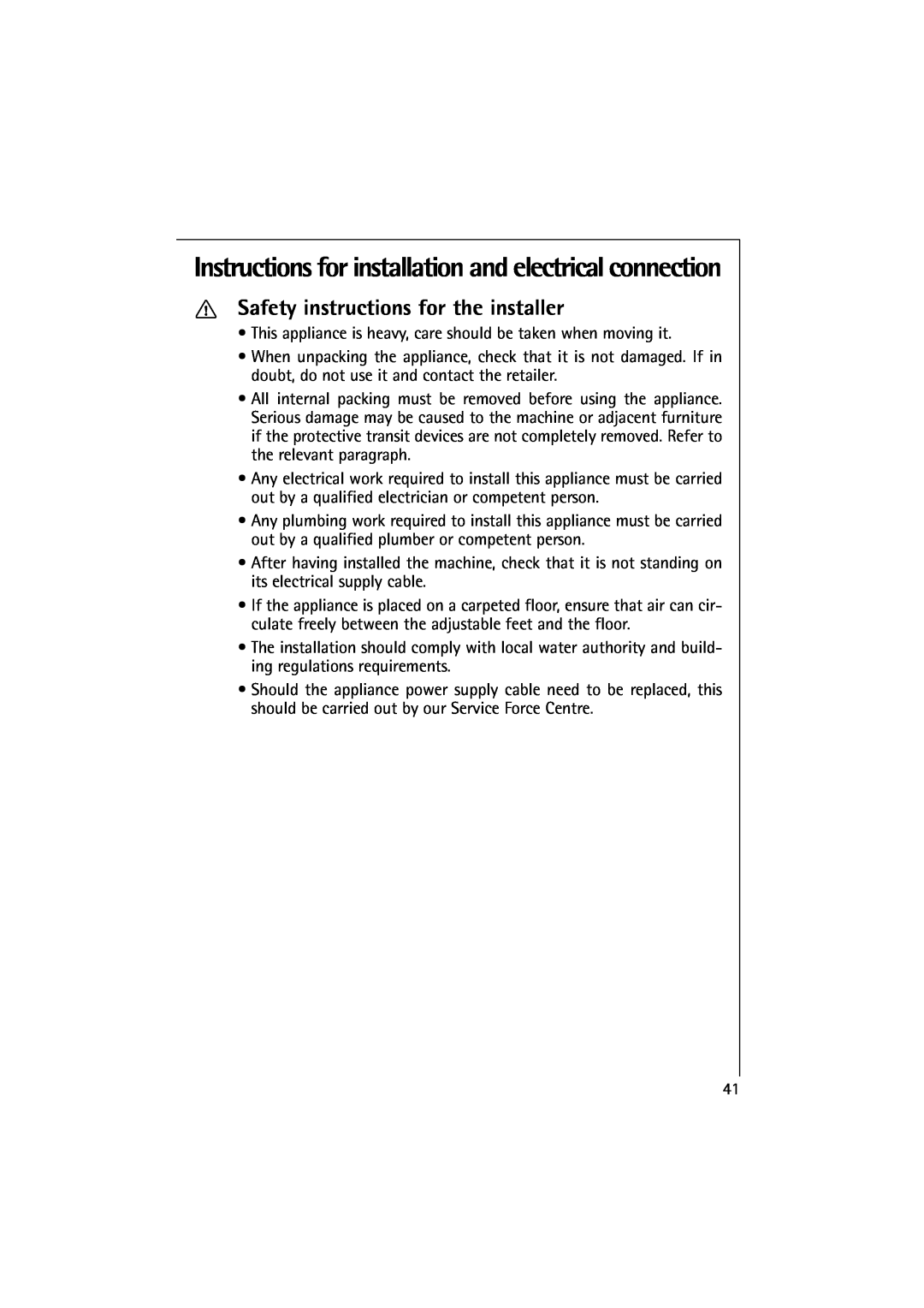 Electrolux 10500 VI manual Safety instructions for the installer, Instructions for installation and electrical connection 