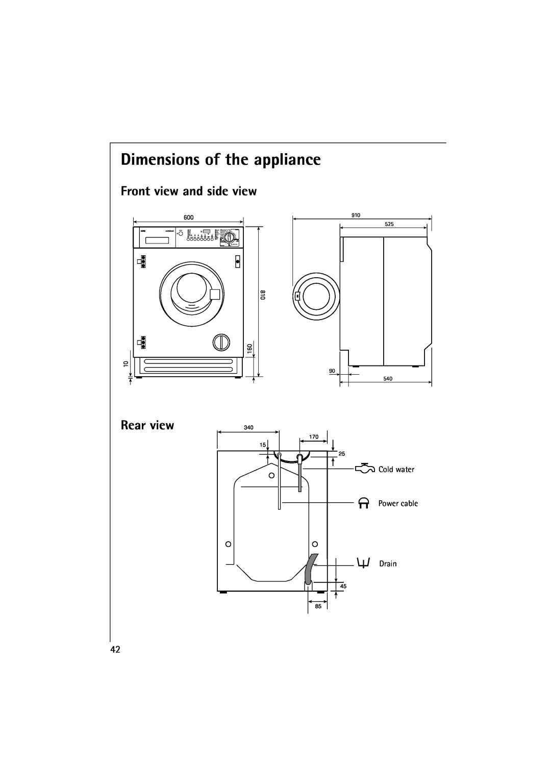 Electrolux 10500 VI Dimensions of the appliance, Front view and side view, Rear view, Cold water, Power cable, Lavamat 