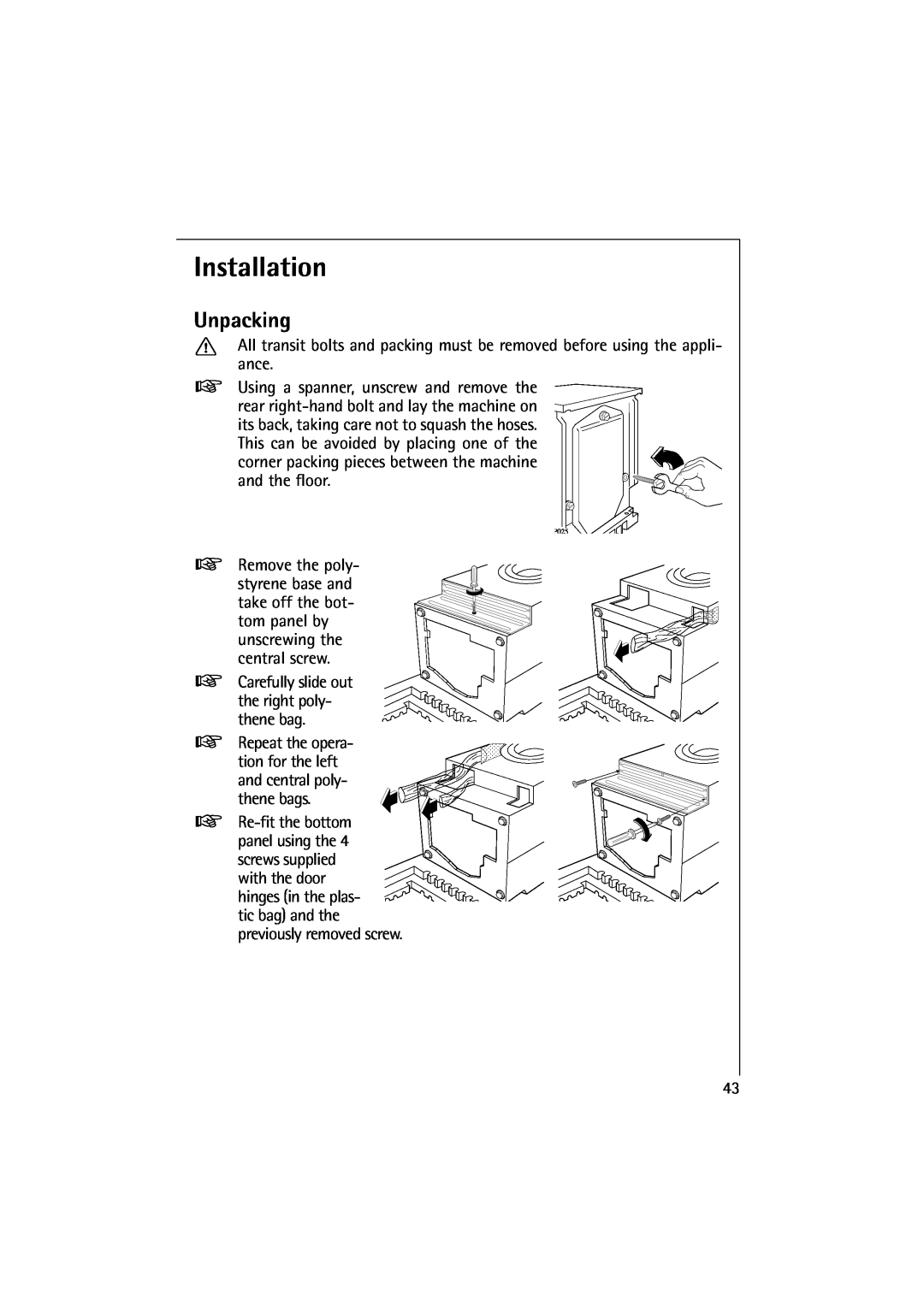 Electrolux 10500 VI manual Installation, Unpacking 