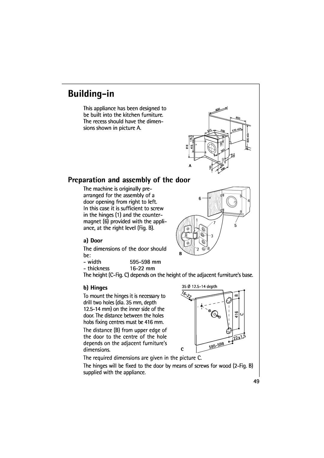 Electrolux 10500 VI manual Building-in, Preparation and assembly of the door, a Door, b Hinges 