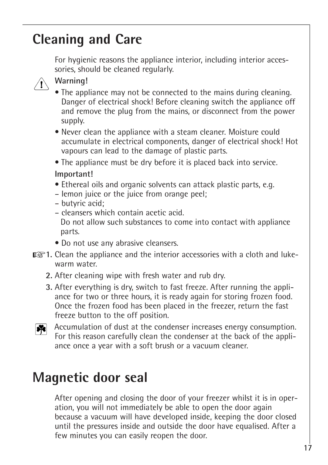 Electrolux 1050GS8 manual Cleaning and Care, Magnetic door seal 