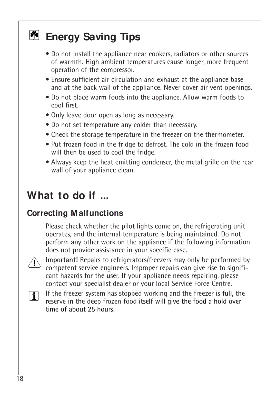 Electrolux 1050GS8 manual Energy Saving Tips, What to do if, Correcting Malfunctions 