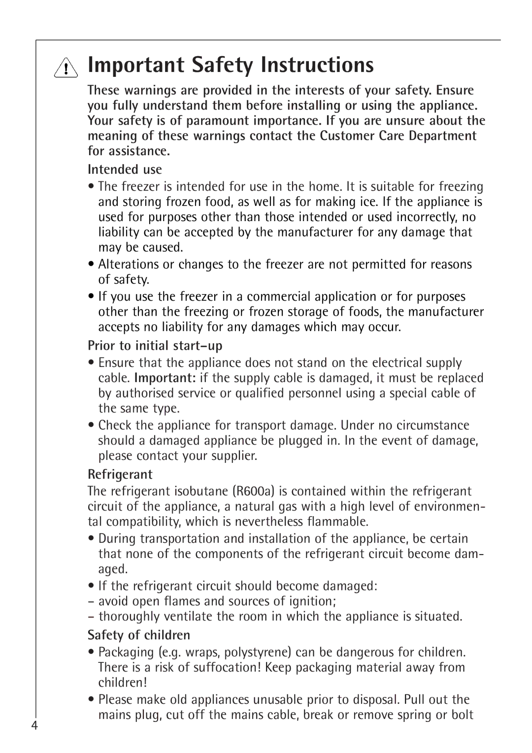 Electrolux 1050GS8 manual Important Safety Instructions, Prior to initial start-up, Refrigerant, Safety of children 